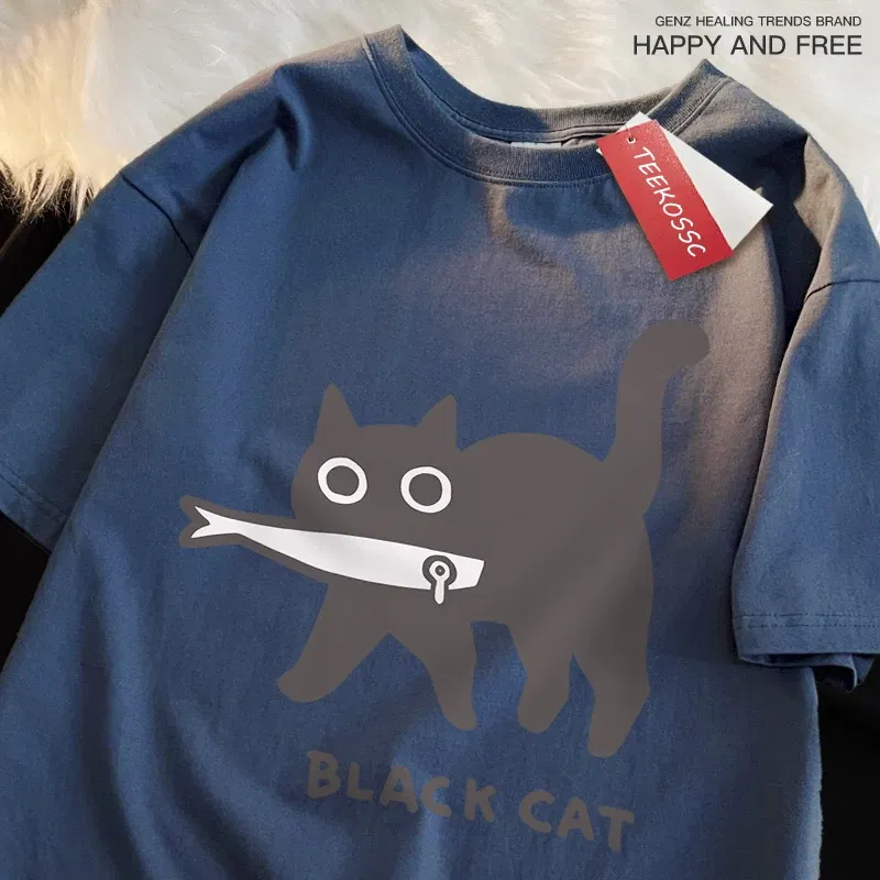 Color: Dark Grey, Size: XL - Fun A Black Cat Eating Fish Japanese Style Men Women T-Shirt Fashion Print T Shirt Breathable Oversize T-Shirts Cotton Clothes