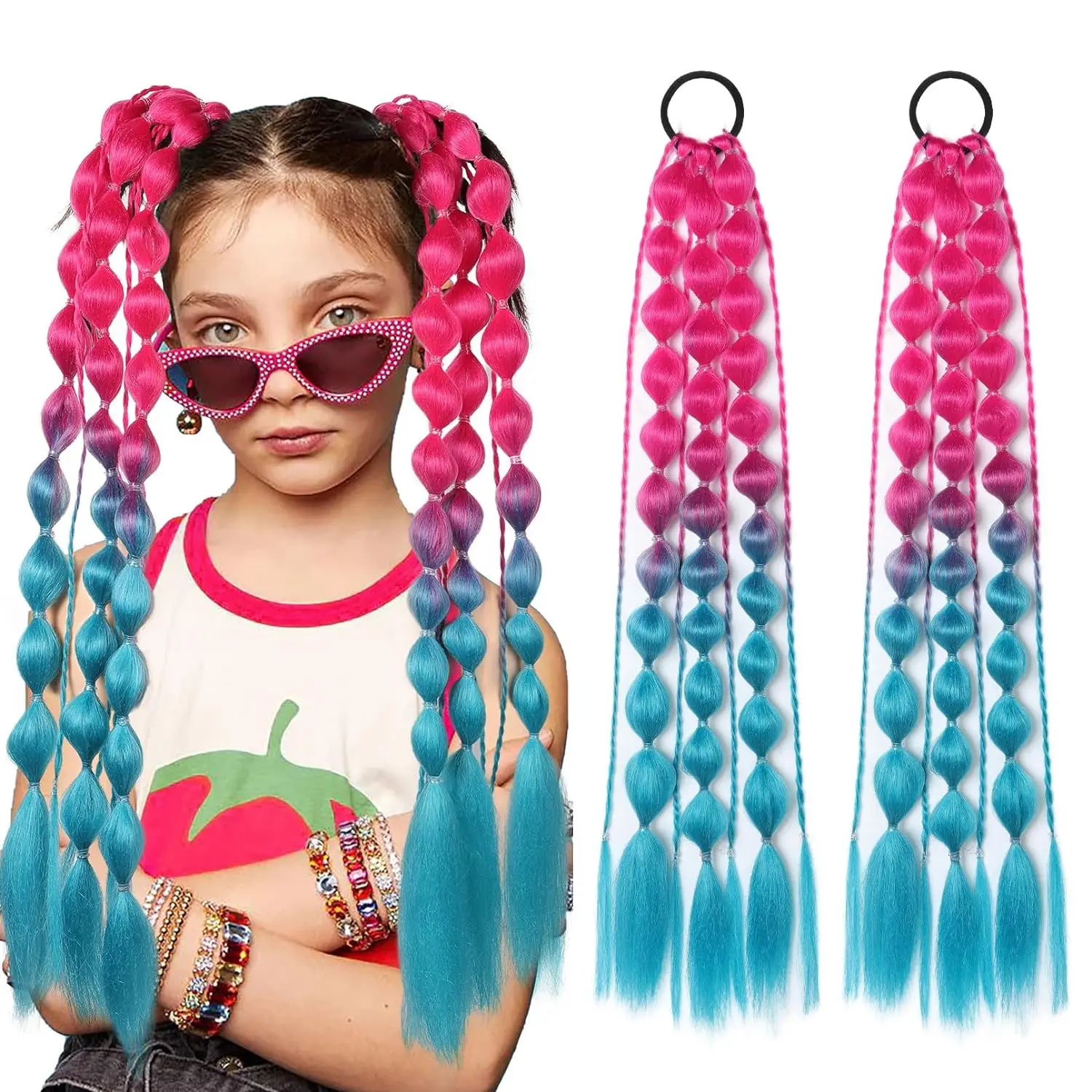 Color: P18/22 - Synthetic 2Pcs Lightweight Colored Hair Extensions for Kids Bubble Ponytail with Hair Tie Ombre Crazy Hair Day Accessories