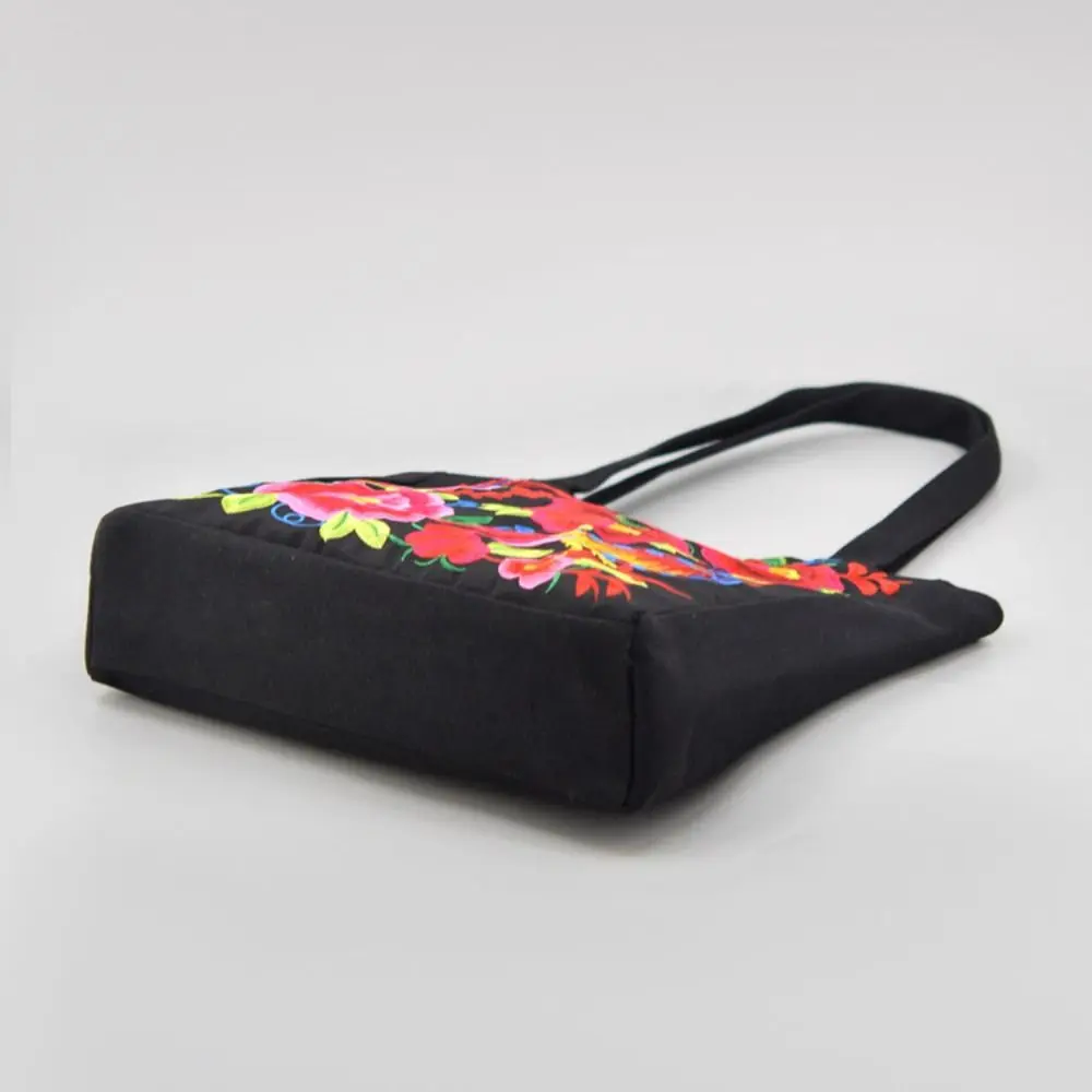 Color: Brown - Ethnic Style Women Shoulder Bag Casual Canvas Large Capacity Embroidered Tote Bag Handbag Colorful Shopping Bag