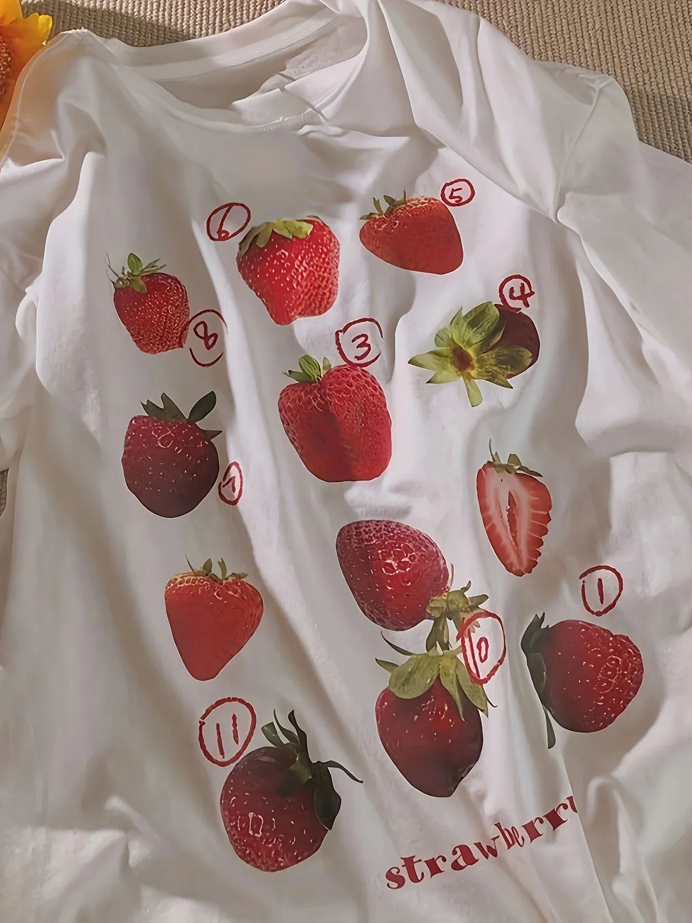 Color: Beige, Size: XXXL - 100% Cotton Women T-shirt Cute Fresh Strawberries Printed Tee Shirt Summer Comfortable Loose Tops Street Fashion Female Clothes