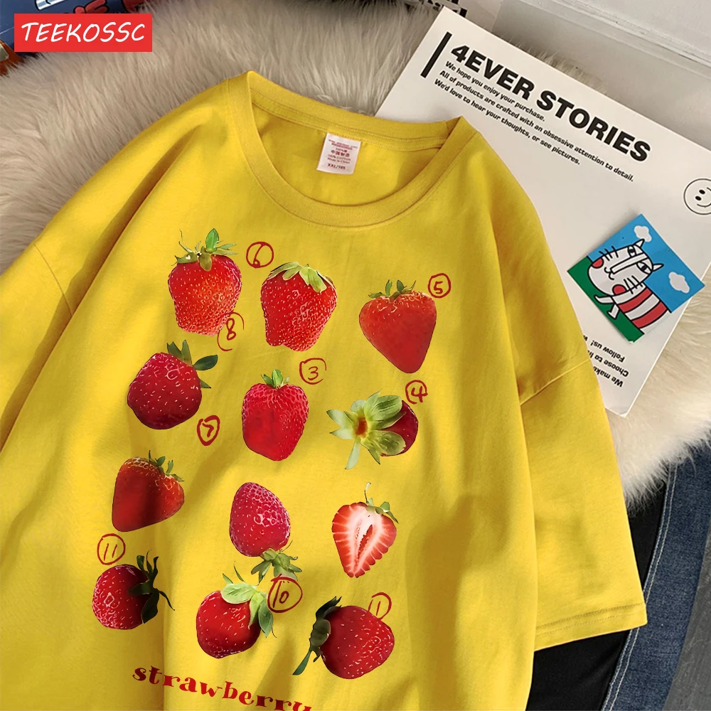 Color: Beige, Size: XXXL - 100% Cotton Women T-shirt Cute Fresh Strawberries Printed Tee Shirt Summer Comfortable Loose Tops Street Fashion Female Clothes