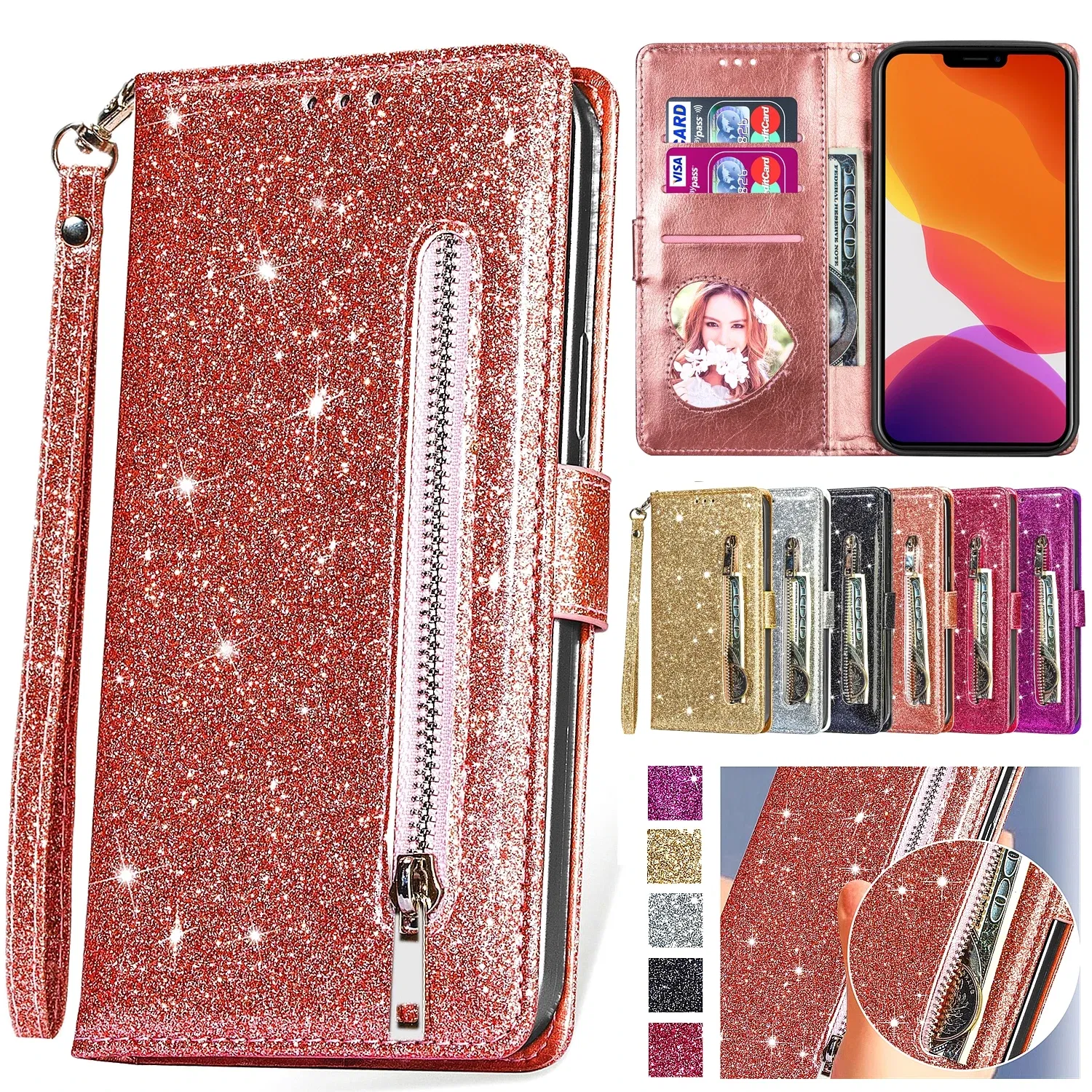 Color: Beige, Material: ABS - Zipper Flip Wallet Glitter Leather Case for iPhone 16 15 14 13 12 11 Pro Max XS XR 8 7 Plus SE 2022 Mini Bling Stand Phone Cover