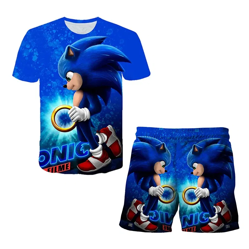 Color: Light Grey, Size: 25cm - New Japanese cartoon Sonic T-shirt children's top T-shirt shorts two-piece set summer boy cartoon cute T-shirt+beach pants