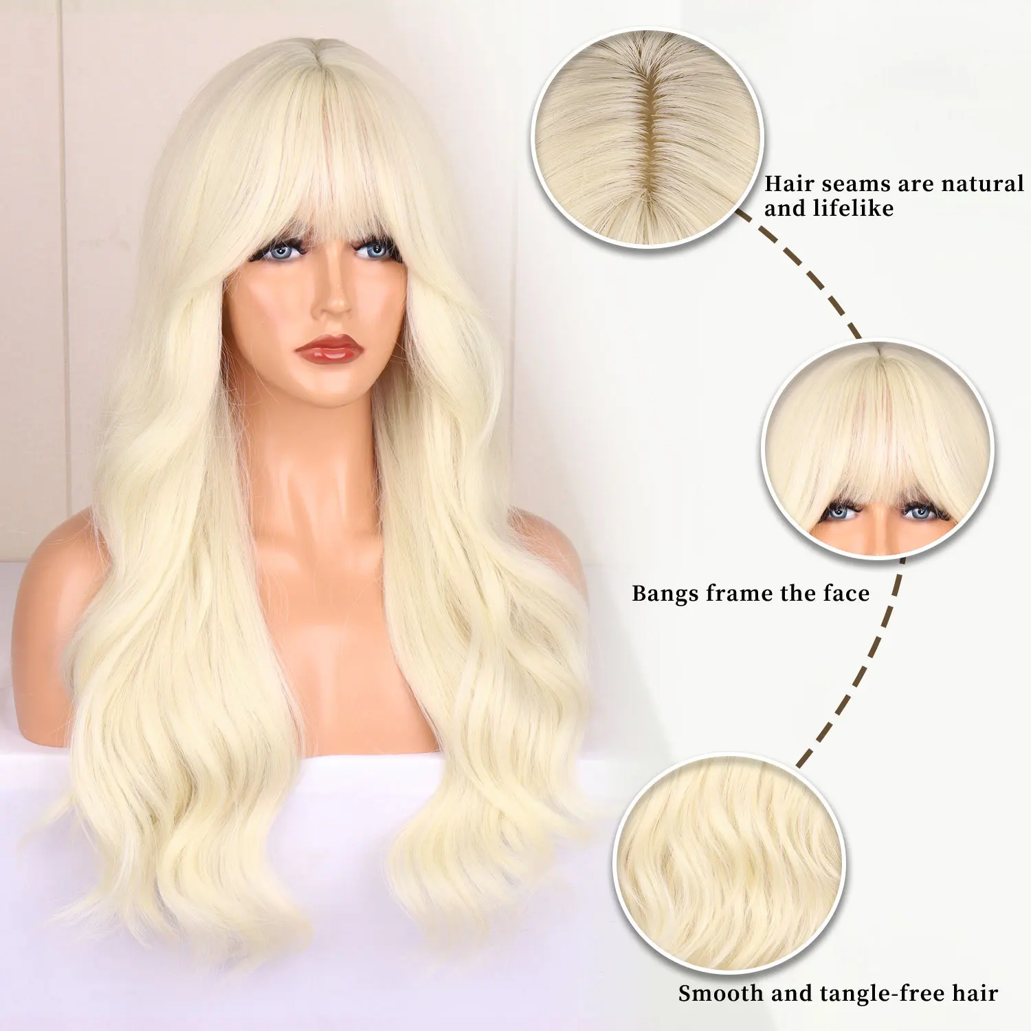 Color: P4/613 - Blonde synthetic wig with straight bangs Ladies Cosplay wig High temperature silk wig set with big waves and long curly hair