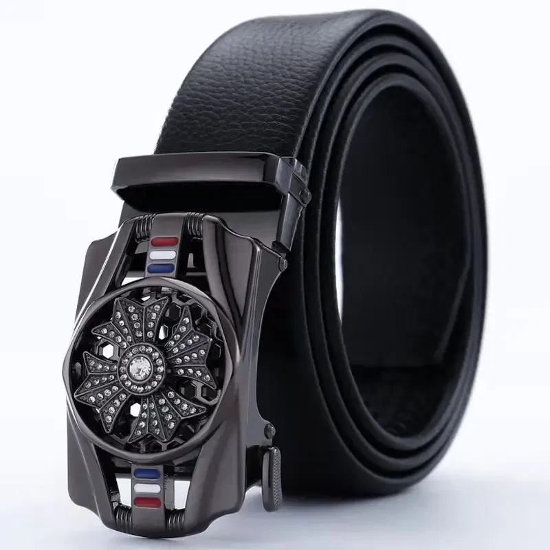 Color: WHITE, Belt Length: 110cm - Man PU Leather Belt High Quality Men Business Belt Golden Automatic Buckle Waist Buckle Rhinestone Decoration Males Luxury Belt