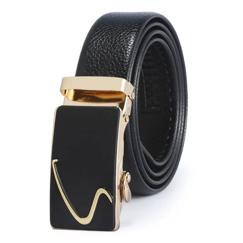 Color: WHITE, Belt Length: 110cm - Man PU Leather Belt High Quality Men Business Belt Golden Automatic Buckle Waist Buckle Rhinestone Decoration Males Luxury Belt