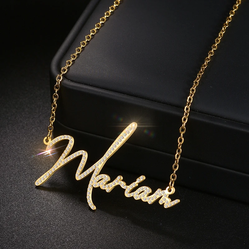 Metal Color: Gold-color, Length: 35cm - Auxauxme Custom Crystal Zircon Name Necklace for Women Stainless Steel Personalized Nameplate Golden Pendant Choker Jewelry Gift