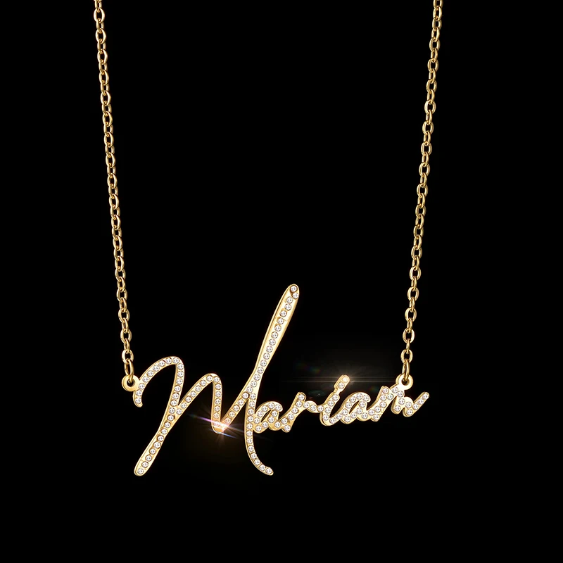 Metal Color: Gold-color, Length: 35cm - Auxauxme Custom Crystal Zircon Name Necklace for Women Stainless Steel Personalized Nameplate Golden Pendant Choker Jewelry Gift