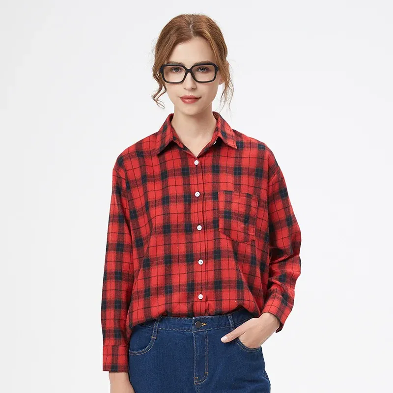 Color: Burgundy, Size: L - Fresh Flannel Plaid Shirt Women 2025 New Female Blouses and Tops Cotton Loose Long Sleeve Casual Shirts Fine Women's Clothes