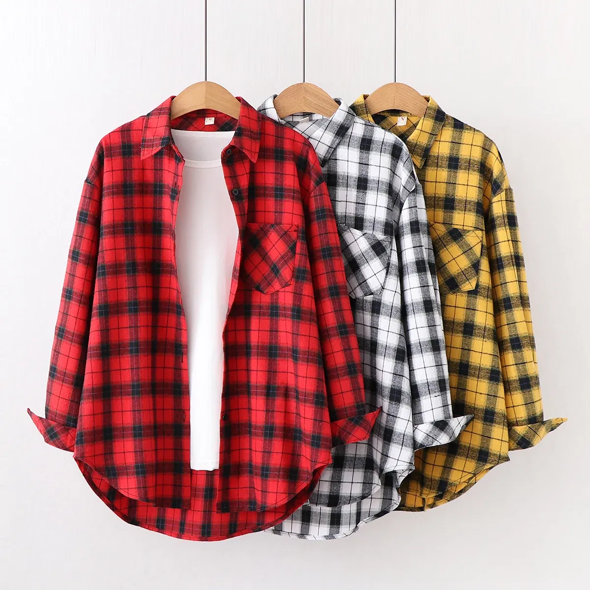 Color: Burgundy, Size: L - Fresh Flannel Plaid Shirt Women 2025 New Female Blouses and Tops Cotton Loose Long Sleeve Casual Shirts Fine Women's Clothes