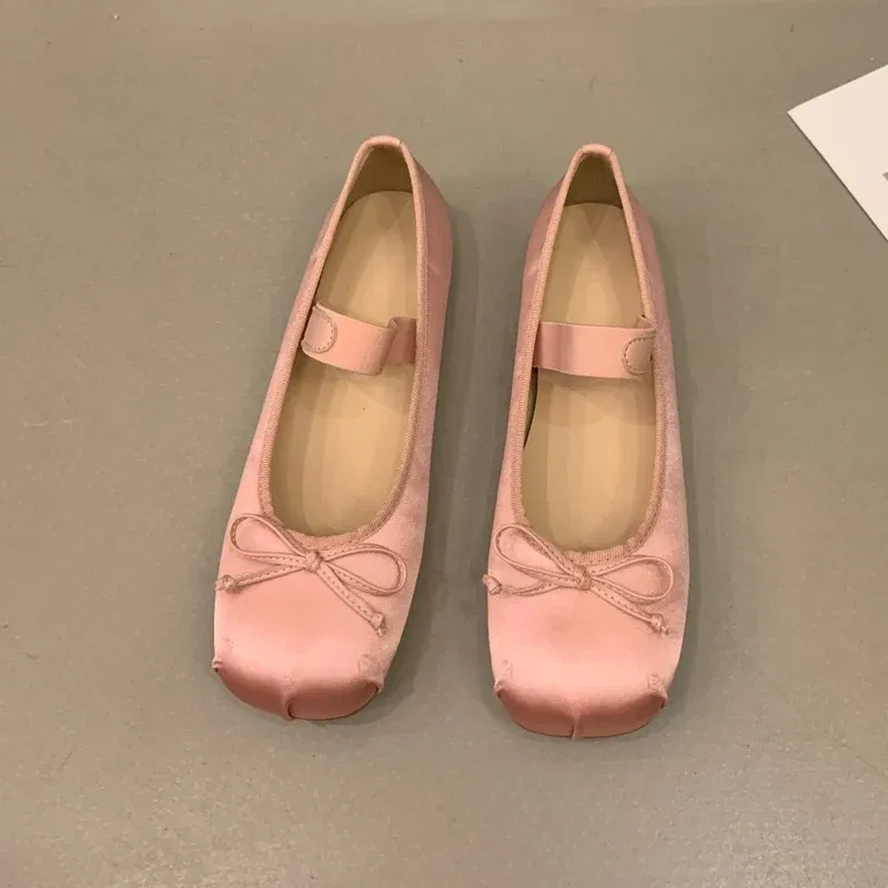 Color: Blue, Shoe Size: 40 - 2023Luxury Satin Silk Ballet Shoes Woman Classic Square Toe Bowtie Elastic Band Ballerina Flats Ladies Soft Loafers