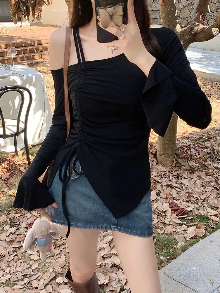 Color: black, Size: M - Sweet Sexy Drawstring Ribbon White Off Shoulder Top Women Basic Long Sleeve Body T-Shirt Elegant Flare Sleeve Lady Tees Pulovers