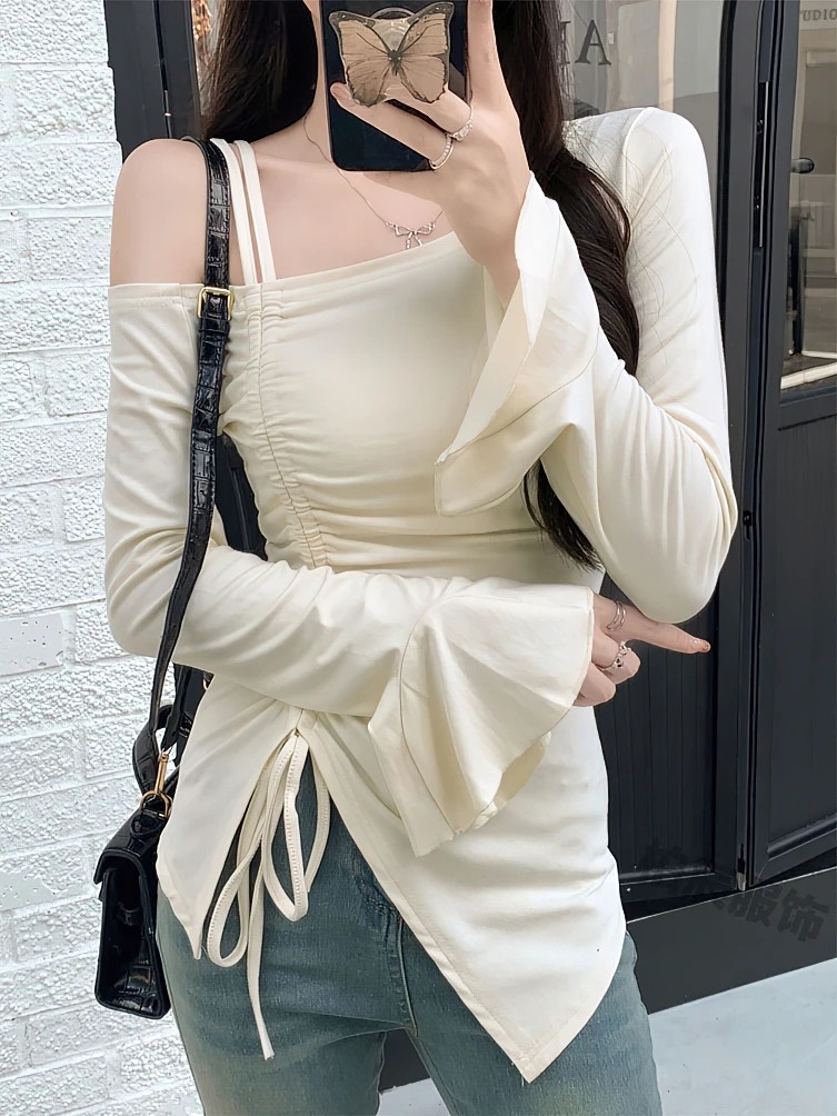 Color: black, Size: M - Sweet Sexy Drawstring Ribbon White Off Shoulder Top Women Basic Long Sleeve Body T-Shirt Elegant Flare Sleeve Lady Tees Pulovers