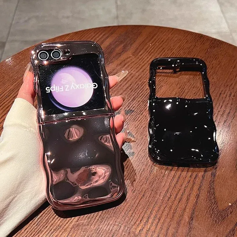 Color: black, Material: ABS - Cartoon Stone Pattern Gloss Wave Case for Samsung Galaxy Z Flip 6 5 flip6 Plating Meteorite Soft TPU Shockproof Ins Korean Cover