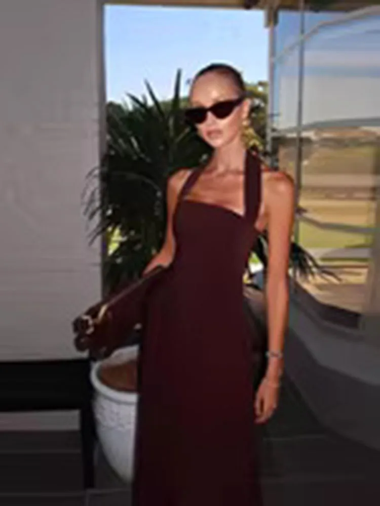 Color: Brown, Size: M, Ships From: CHINA - 2025 Summer Women Off Shoulder Backless Maxi Dress Sexy Halter Neck Slim Waist Ruffle Hem Long Dress