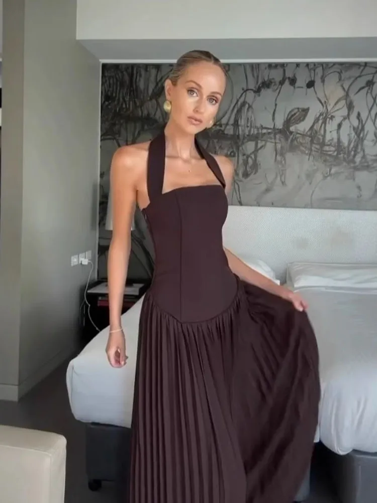 Color: Brown, Size: M, Ships From: CHINA - 2025 Summer Women Off Shoulder Backless Maxi Dress Sexy Halter Neck Slim Waist Ruffle Hem Long Dress