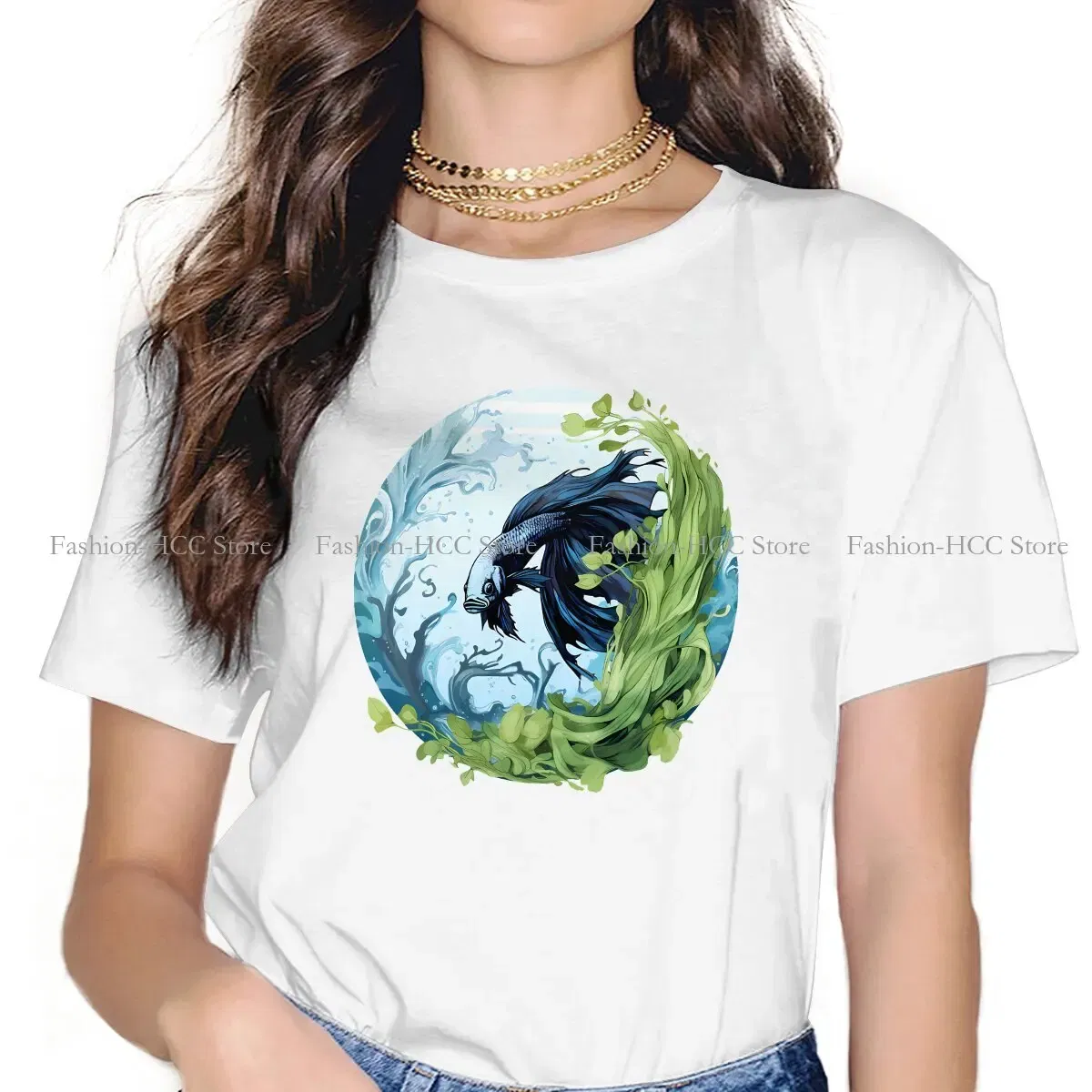 Color: WHITE, Size: XXXL - Betta In A Bubble Hip Hop Polyester TShirt Fish Funny Cartoon Style Tops Leisure T Shirt Female Short Sleeve