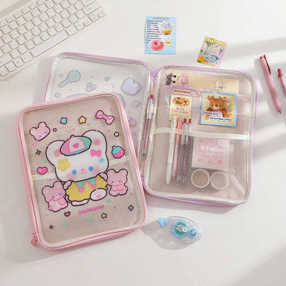 Color: WHITE - Cartoon PVC Stationary Organzier Pouch Big Capacity Storage Pens Eraser Students Pencil Bags
