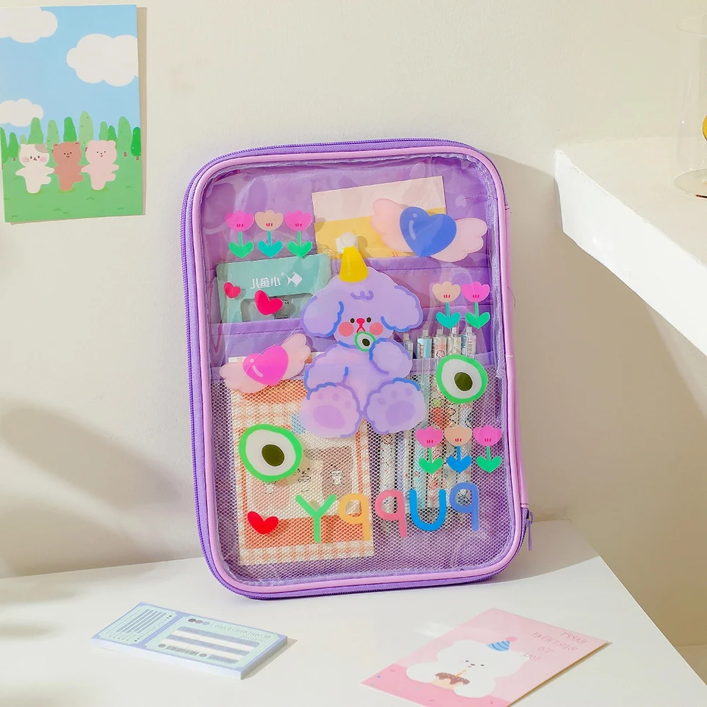 Color: WHITE - Cartoon PVC Stationary Organzier Pouch Big Capacity Storage Pens Eraser Students Pencil Bags