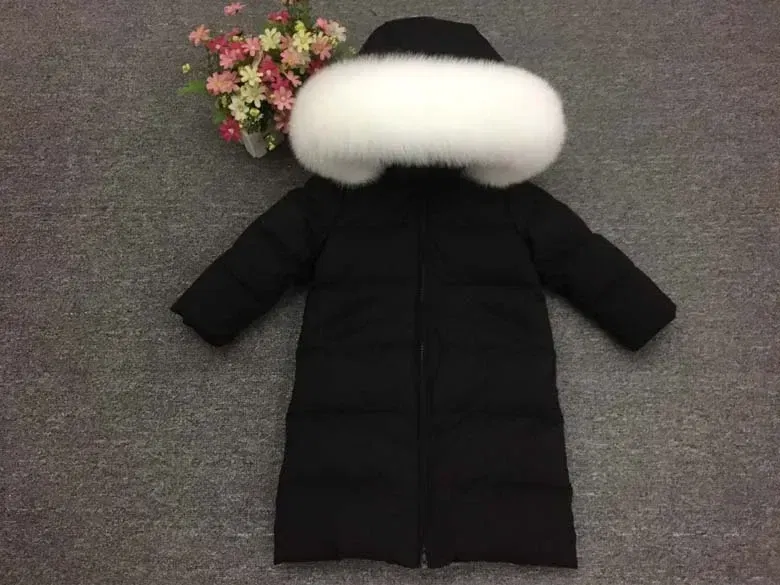 Color: black, Kid Size: 10 - Children Girl boy Winter real fur thickened down jackets 90 down Long Coat jacket overcoat baby kids clothing -30 outwear ws1245