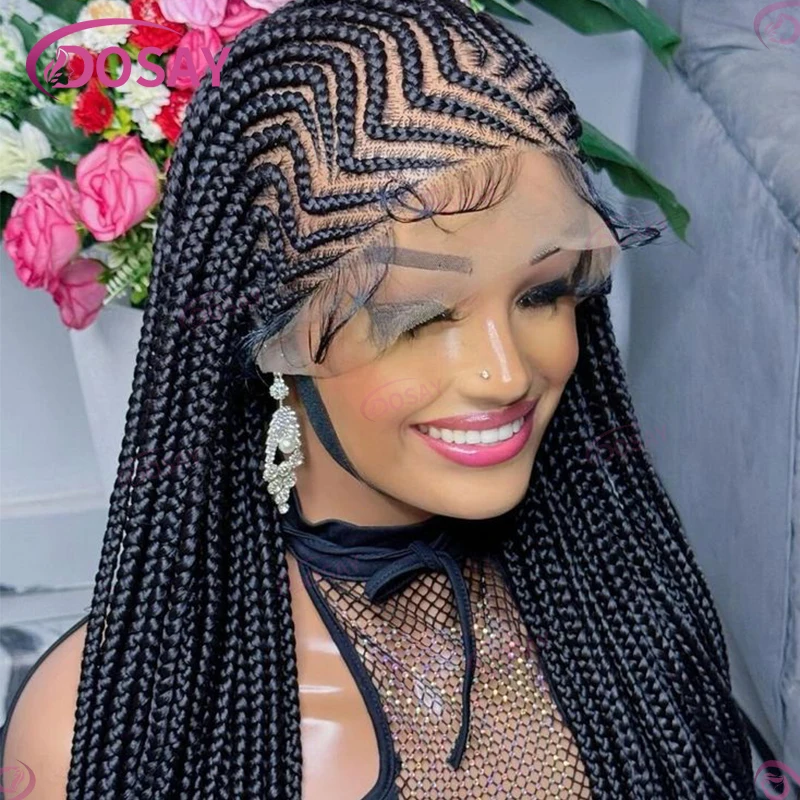 Color: #1, , Wig Length: 36inches - 36" Cornrow Braids Hair Wig Synthetic Braided Wigs For Women Full Lace Cornrow Braid Wig Braid African Knotless Box Braided Wigs