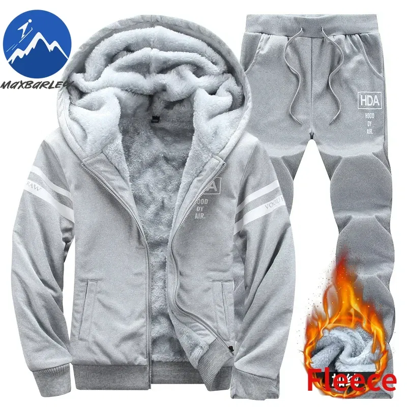 Color: GRAY, Size: XL - 2025 Large Winter Mens Casual Sports Plush Set Hooded Coat + Pants Korean Edition Warm Thick Two Piece Set Fleece Clothes Men