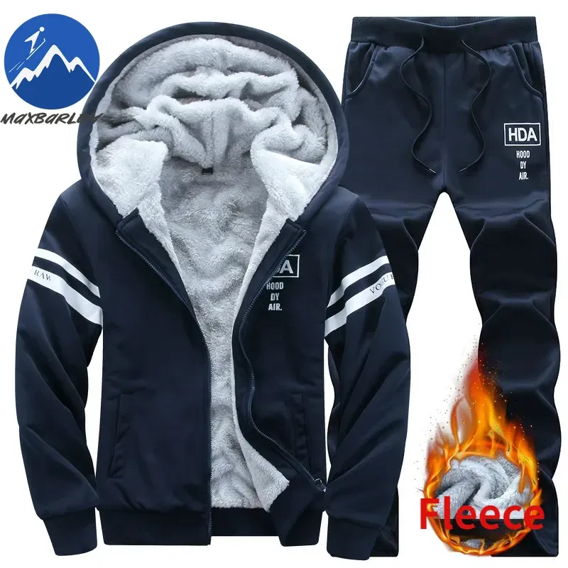 Color: GRAY, Size: XL - 2025 Large Winter Mens Casual Sports Plush Set Hooded Coat + Pants Korean Edition Warm Thick Two Piece Set Fleece Clothes Men