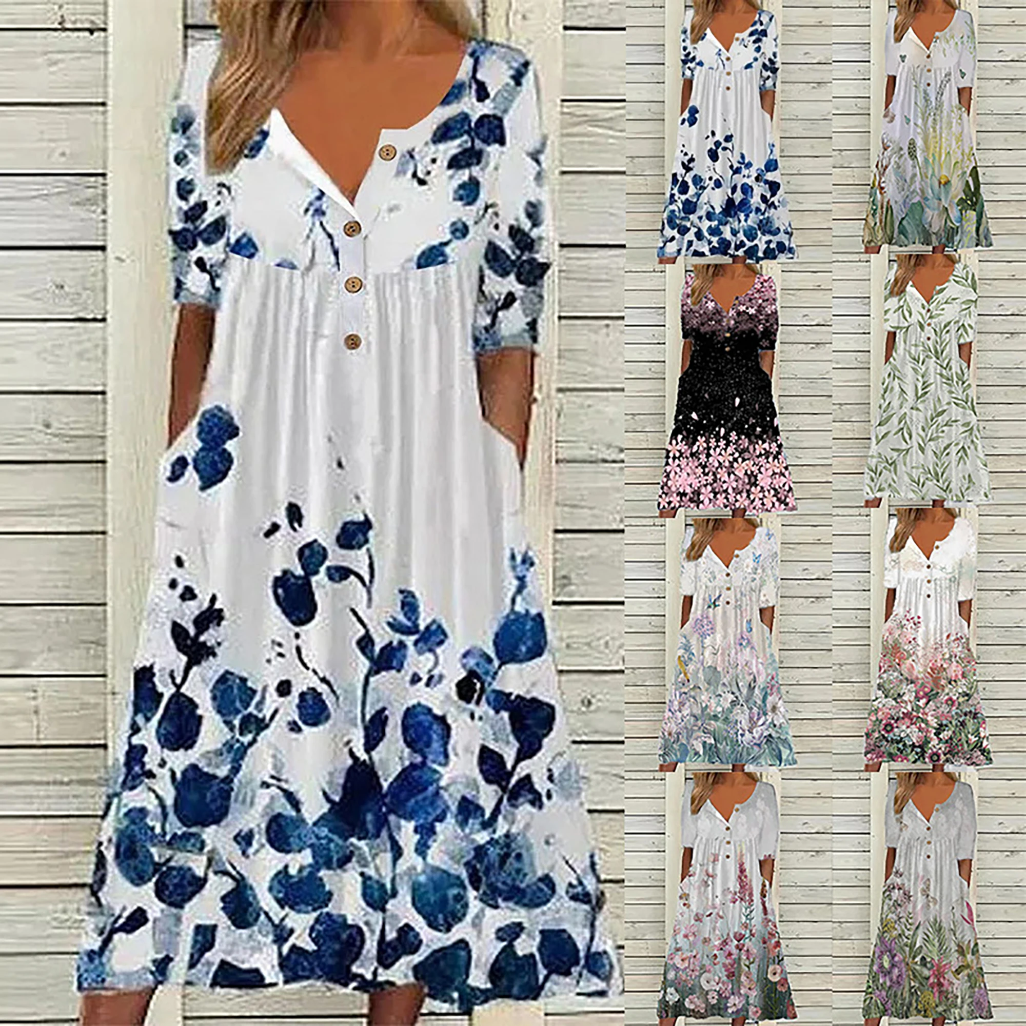 Color: Blue, Size: 3XL - 2024 Europe and the United States spring new fashion printed V-neck button short sleeve plus size women's size women's pocket