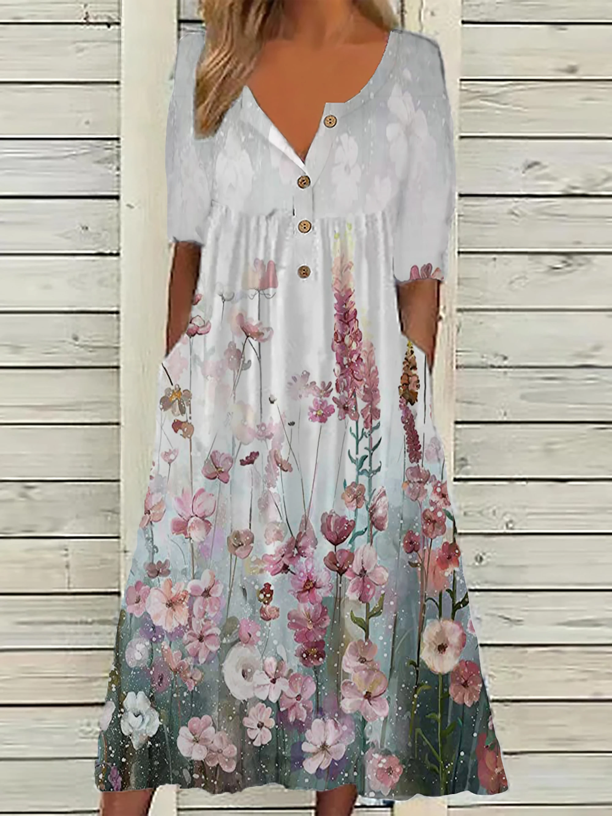 Color: Blue, Size: 3XL - 2024 Europe and the United States spring new fashion printed V-neck button short sleeve plus size women's size women's pocket