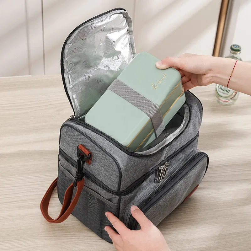 Color: Blue - Double Layer Lunchbox Storage Thermal Bag Large Capacity Tote Shoulder Food Drink Insulation Bags Outdoor Picnic Bento Lunch Bag