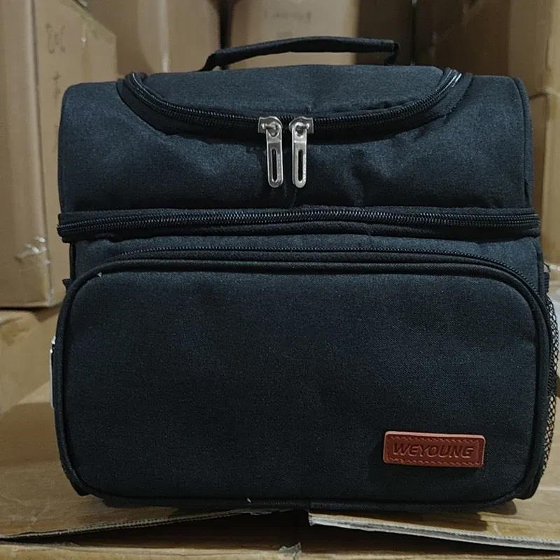 Color: Blue - Double Layer Lunchbox Storage Thermal Bag Large Capacity Tote Shoulder Food Drink Insulation Bags Outdoor Picnic Bento Lunch Bag