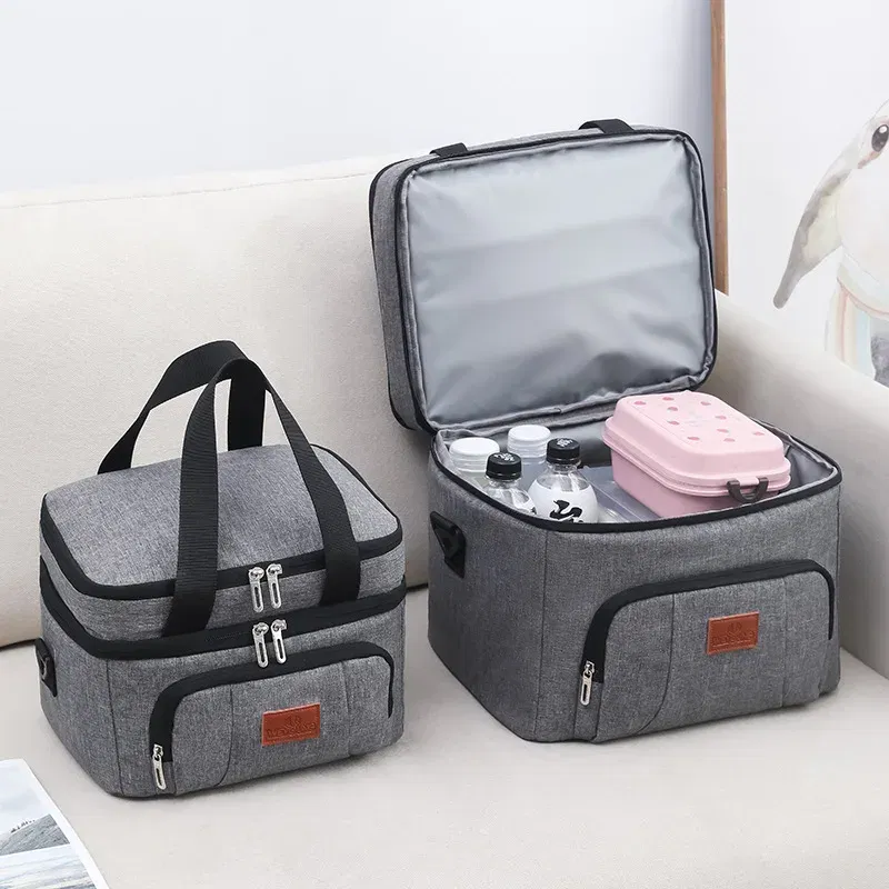 Color: Blue - Double Layer Lunchbox Storage Thermal Bag Large Capacity Tote Shoulder Food Drink Insulation Bags Outdoor Picnic Bento Lunch Bag