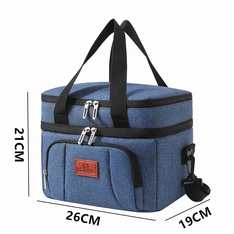 Color: Blue - Double Layer Lunchbox Storage Thermal Bag Large Capacity Tote Shoulder Food Drink Insulation Bags Outdoor Picnic Bento Lunch Bag
