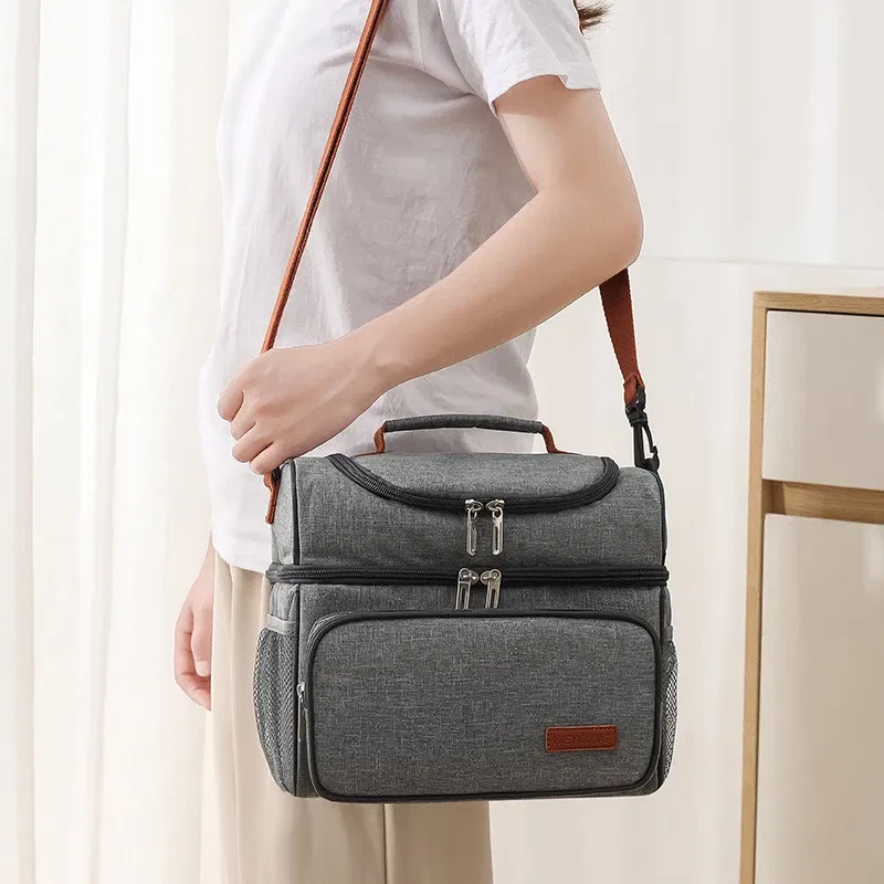 Color: Blue - Double Layer Lunchbox Storage Thermal Bag Large Capacity Tote Shoulder Food Drink Insulation Bags Outdoor Picnic Bento Lunch Bag