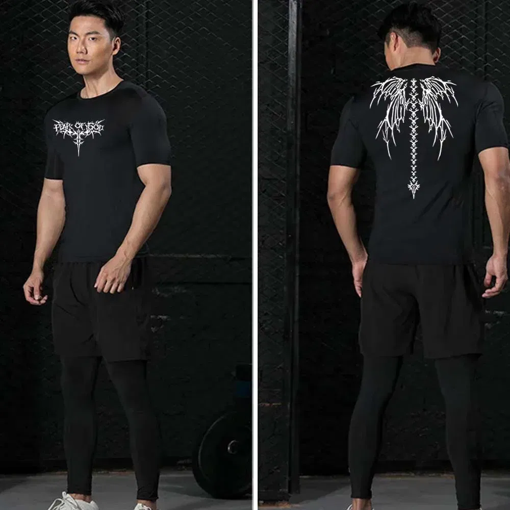 Color: GRAY, Size: XXL - Men's Compression Shirt Anime Print Gym Sport Quick Dry Gym TShirts Fitness Athletic Undershirts Elasticity Tops Tee Summer Male