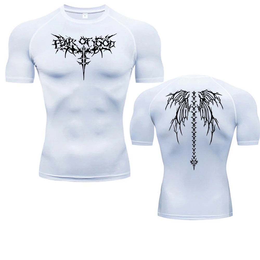 Color: GRAY, Size: XXL - Men's Compression Shirt Anime Print Gym Sport Quick Dry Gym TShirts Fitness Athletic Undershirts Elasticity Tops Tee Summer Male