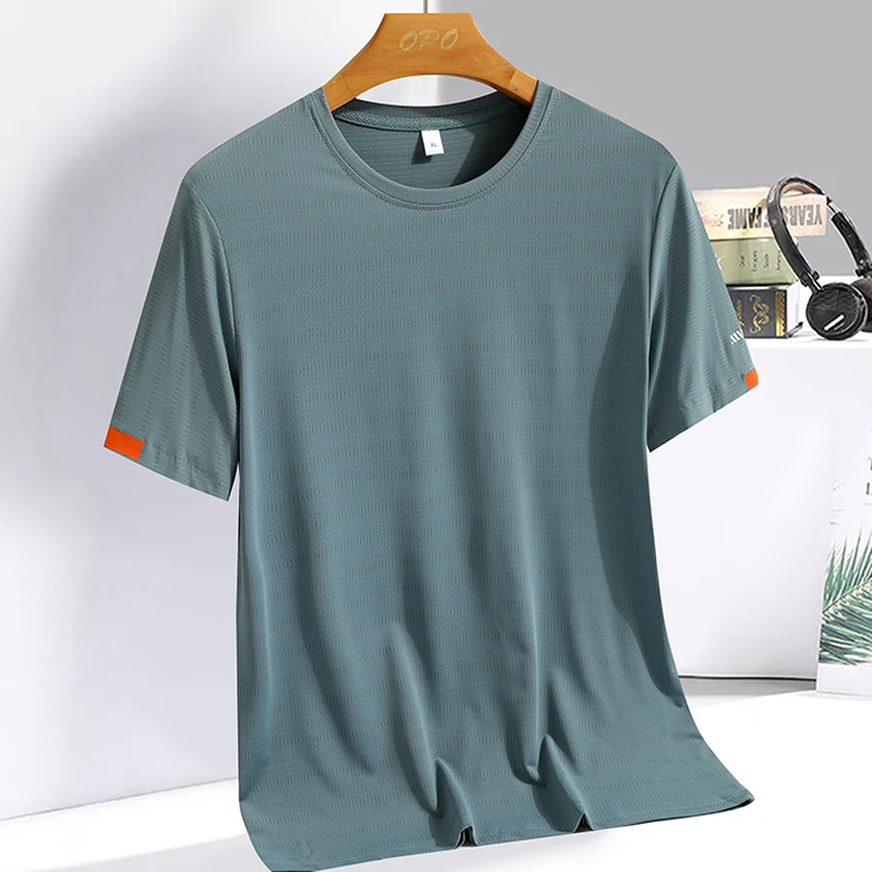Color: Turquoise, Size: XXXL - Men's Silk Ice Round Collar T-shirt, Simple Running Fitness Suit, Breathable Thin T-shirt, Quick Dry T-shirt, Summer