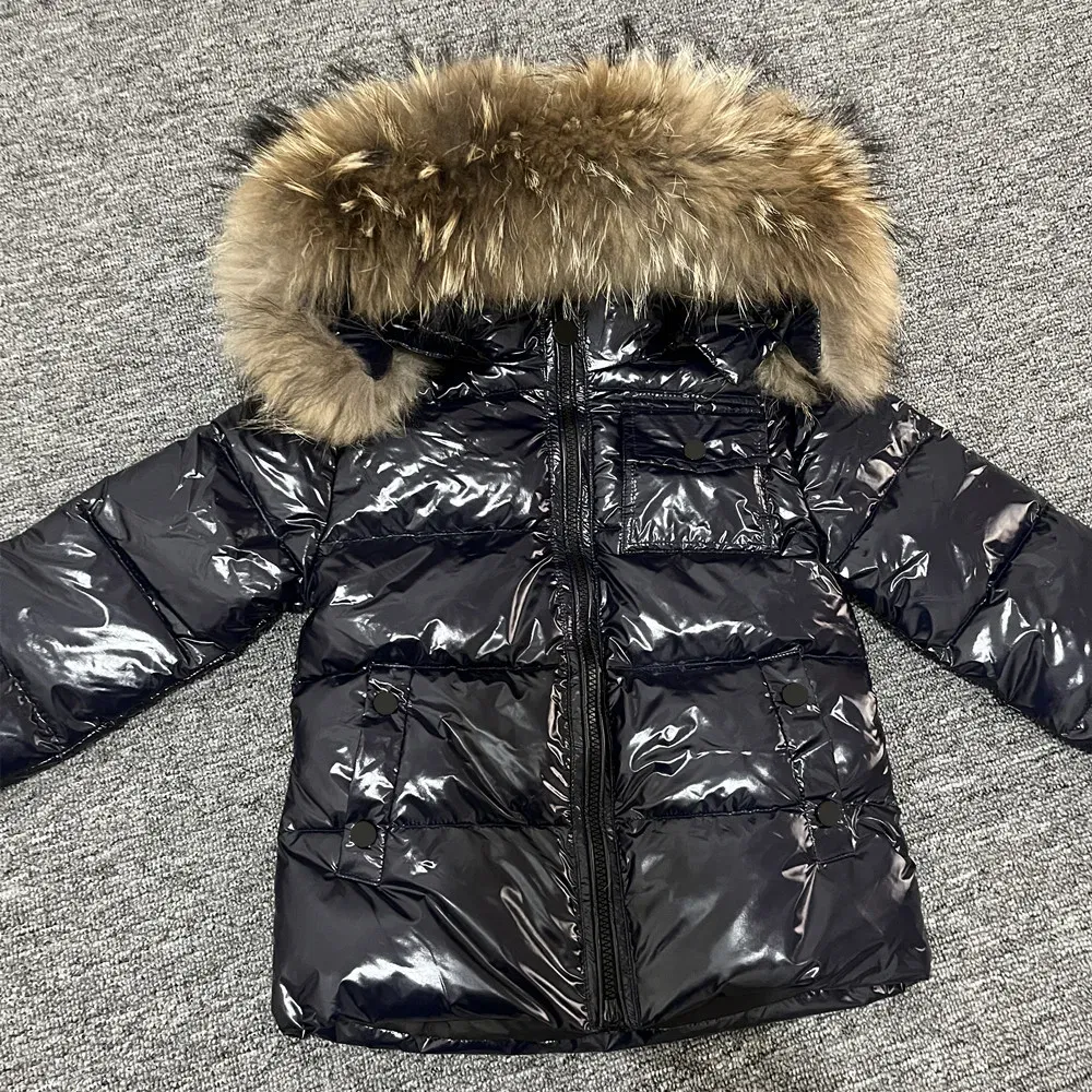 Color: Dark Grey, Kid Size: 6 - Kids Winter Down Jacket Shiny Real Raccoon Fur Collar Toddler Boys Hooded Coat Baby Girls Warm Snowsuit Children's Parkas