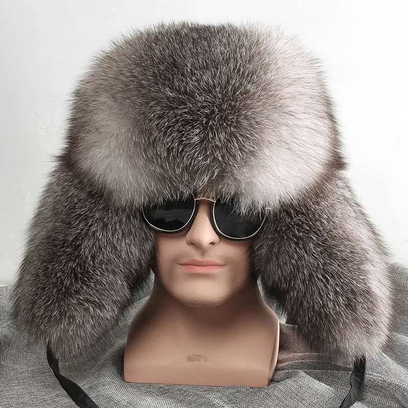 Color: black, Hat Size: 55 - 2025 Winter 100% Real Silver Fox Fur Bomber Hat Raccoon Fur Ushanka Cap Trapper Russian Men's Ski Hats Caps
