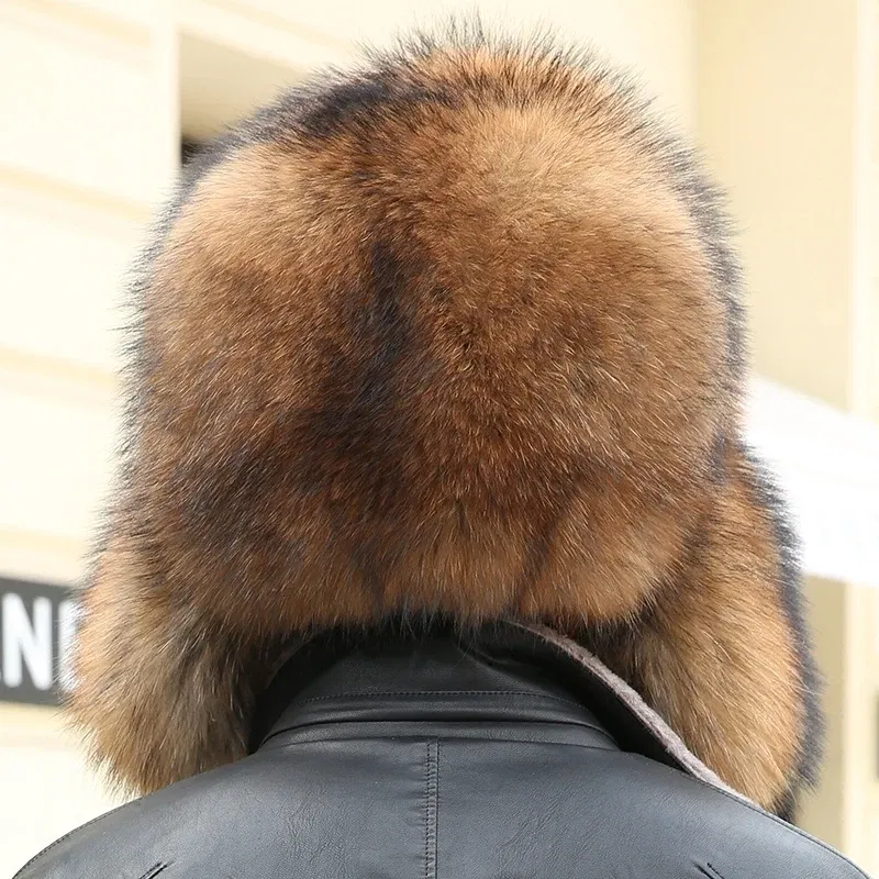 Color: black, Hat Size: 55 - 2025 Winter 100% Real Silver Fox Fur Bomber Hat Raccoon Fur Ushanka Cap Trapper Russian Men's Ski Hats Caps