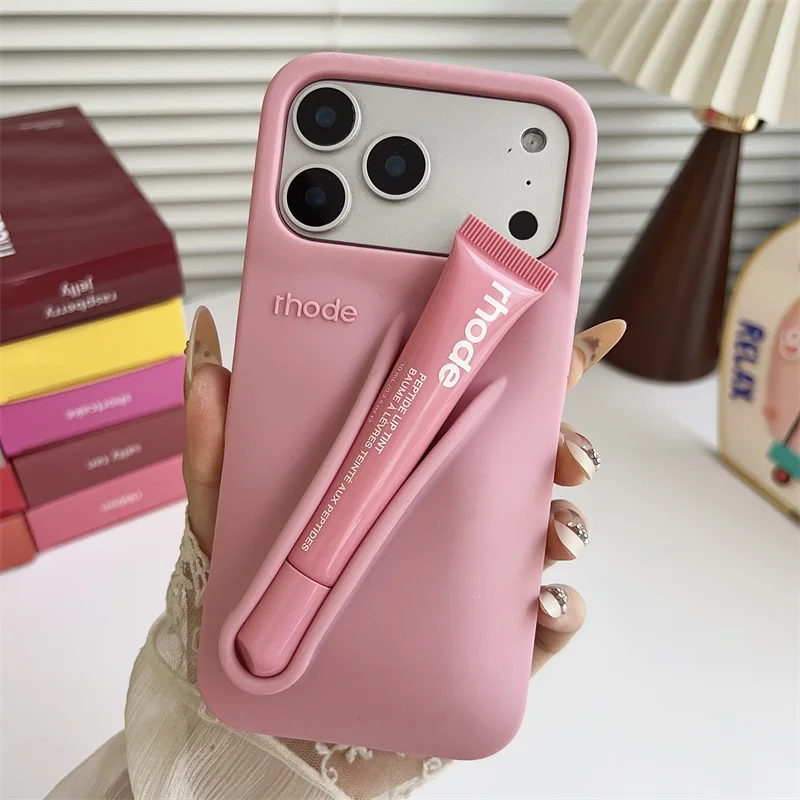 Material: Microfiber, Color: black, Bundle: Bundle1 - With Lipstick Phone Case for iPhone 17 13 14 15 16 17 Pro Max Plus 12 17 Air Silicone Lip Gloss Holder Hot INS Soft Cover Funda