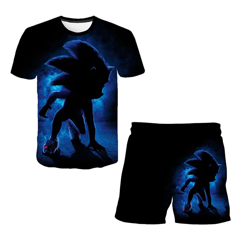 Color: Light Grey, Size: 12cm - New Japanese cartoon Sonic T-shirt children's top T-shirt shorts two-piece set summer boy cartoon cute T-shirt+beach pants