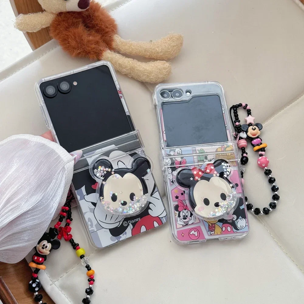 Material: CANVAS, Color: black - Cute Cartoon Disney Mickey Minnie Mouse Phone Case For Samsung Galaxy Z Flip 7 6 5 4 3 Stand Holder Case Hard Cover With Lanyard