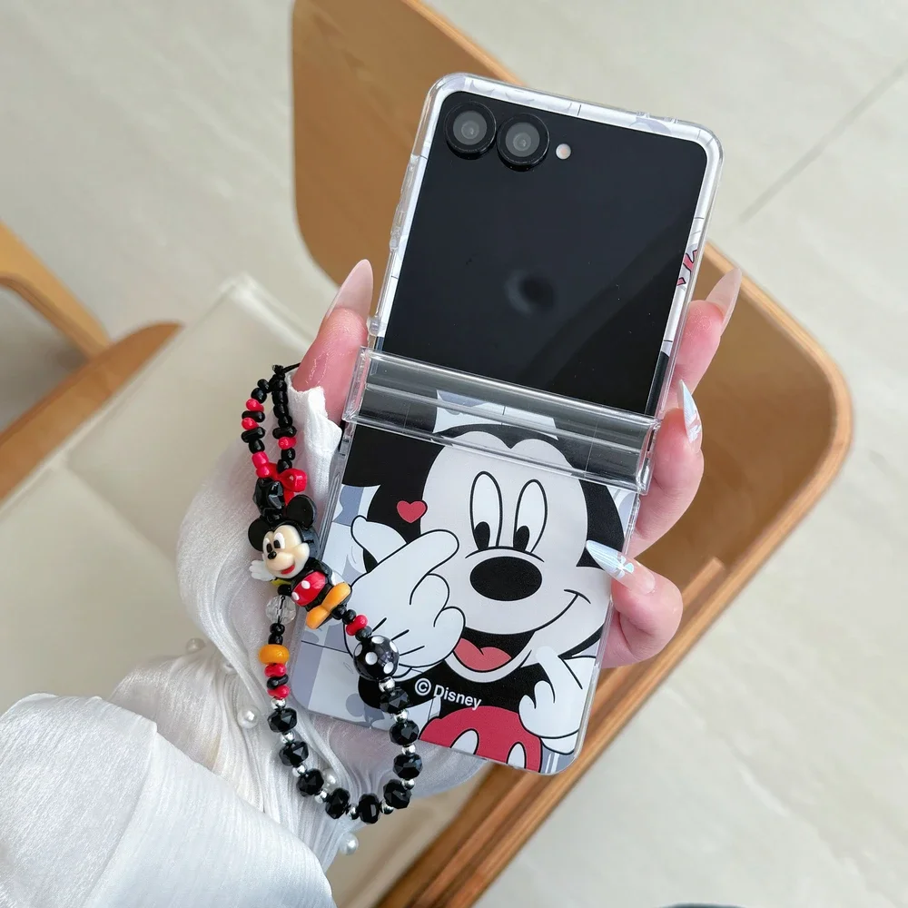Material: CANVAS, Color: black - Cute Cartoon Disney Mickey Minnie Mouse Phone Case For Samsung Galaxy Z Flip 7 6 5 4 3 Stand Holder Case Hard Cover With Lanyard