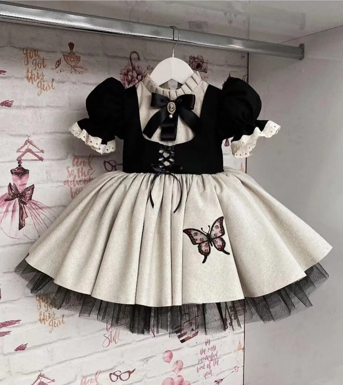 Kid Size: 3T - Baby Girl Summer Black Butterfly Embroidery Turkish Vintage Princess Dress for Birthday Holiday Easter Photography Eid B216