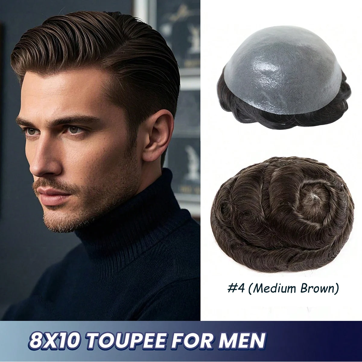 Toupee Color: 4#, Length: 6 inches, Toupee Size: 8x10 - Toupee for Men Human Hair Pieces for men silk straight hair replacement system in 10x8" base size Thin skin PU hair prosthesis