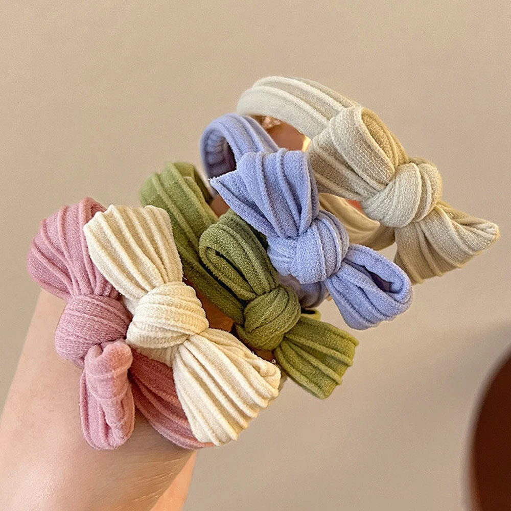 Color: Lavender - 5pcs/Set Simple Bow Hair Ties Ropes Colorful Elastic Seamless Ponytail Holder Rubber Band For Toddler Girls