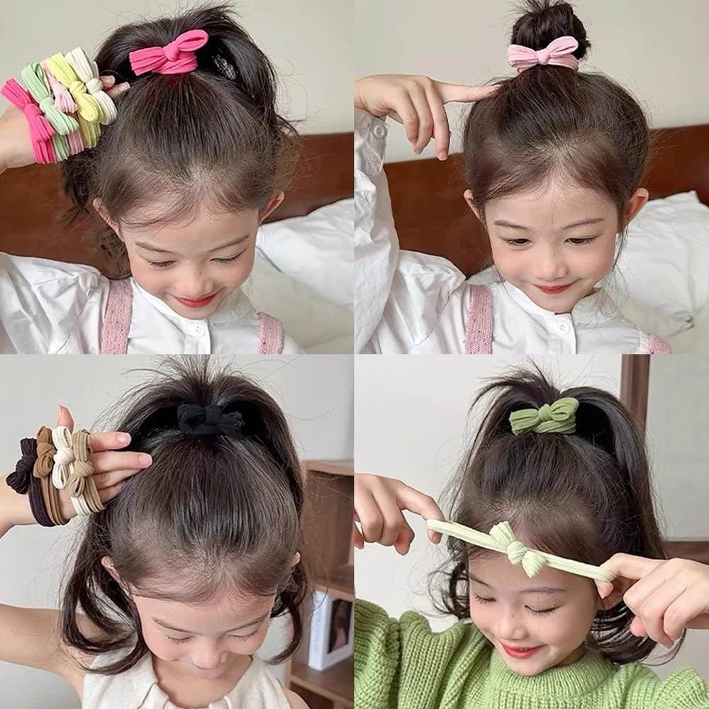 Color: Lavender - 5pcs/Set Simple Bow Hair Ties Ropes Colorful Elastic Seamless Ponytail Holder Rubber Band For Toddler Girls