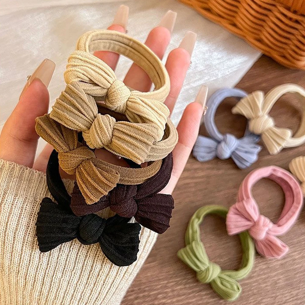Color: Lavender - 5pcs/Set Simple Bow Hair Ties Ropes Colorful Elastic Seamless Ponytail Holder Rubber Band For Toddler Girls