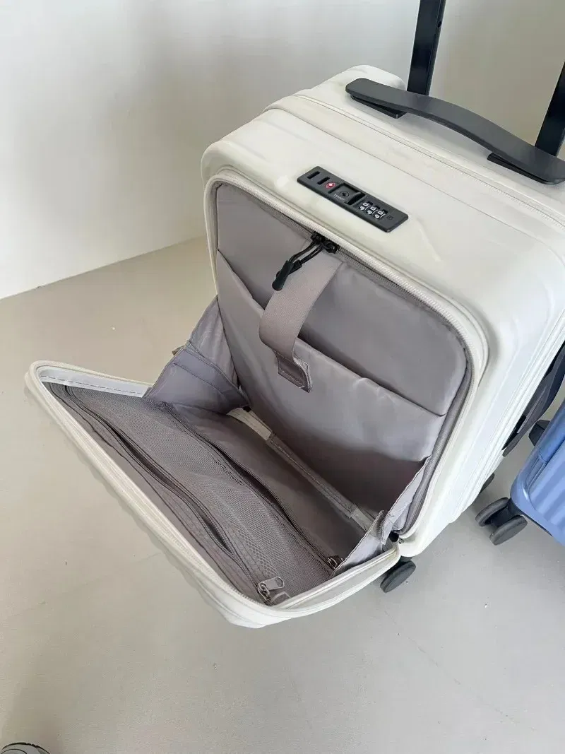 Color: Blue, Luggage Size: 15Inches 375mm, Ships From: CHINA - 2025 New 20-inch PC Hard Shell Lightweight Roller Travel Expandable Multifunctional Front Opening Suitcase Cabin Trolley Case